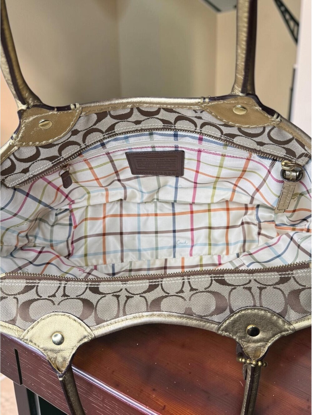 Coach Bleecker Signature Tote 12369 Khaki Gold Tattersall Y2K 2008 - Picture 3 of 13